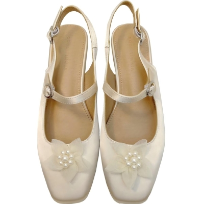 Zapatos Mary Jane de satén con encaje de perlas y pétalos, tacón grueso para mujer N38