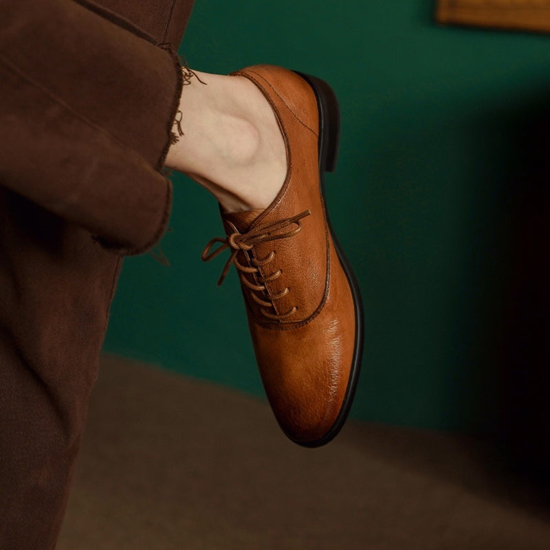 Runde, weiche Oxford-Schuhe, Schn&uuml;rschuhe aus Leder, Derby-Schuhe f&uuml;r Damen in Schwarz/Braun