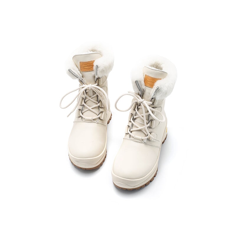 Dames leren chunky laarzen met schapenvachtvoering in abrikoos/beige