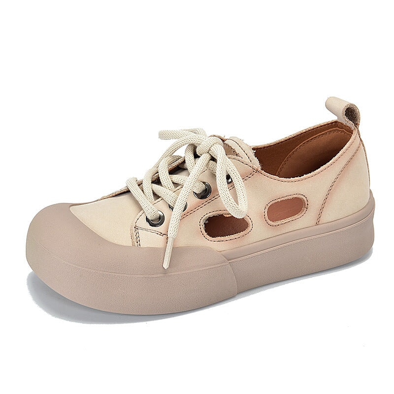 Leder-Sneaker f&uuml;r Damen, niedrig geschnitten, mit Schn&uuml;rung und Cut-Outs in Gelb/Rot/Beige