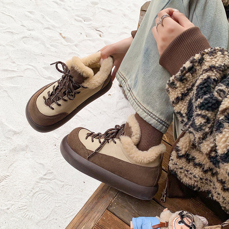 Tweekleurige su&egrave;de leren platform Oxford schoenen met vetersluiting, winterse casual sneeuwschoenen in koffie/khaki
