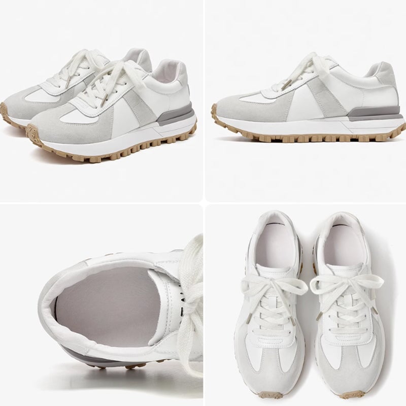 Casual sneakers voor dames van su&egrave;de leer met patchwork in gemengde kleuren, vetersluiting, ronde neus, platformzool, handgemaakte platte schoenen