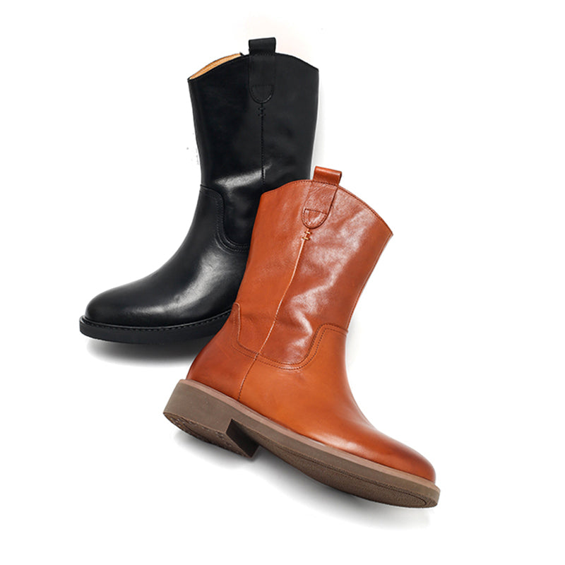 Retro westernlaarzen voor dames, tot halverwege de kuit, van gewaxt leer, casual laarzen in zwart/bruin/donkerbruin.