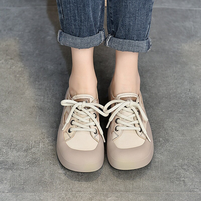 Leder-Sneaker f&uuml;r Damen, niedrig geschnitten, mit Schn&uuml;rung und Cut-Outs in Gelb/Rot/Beige