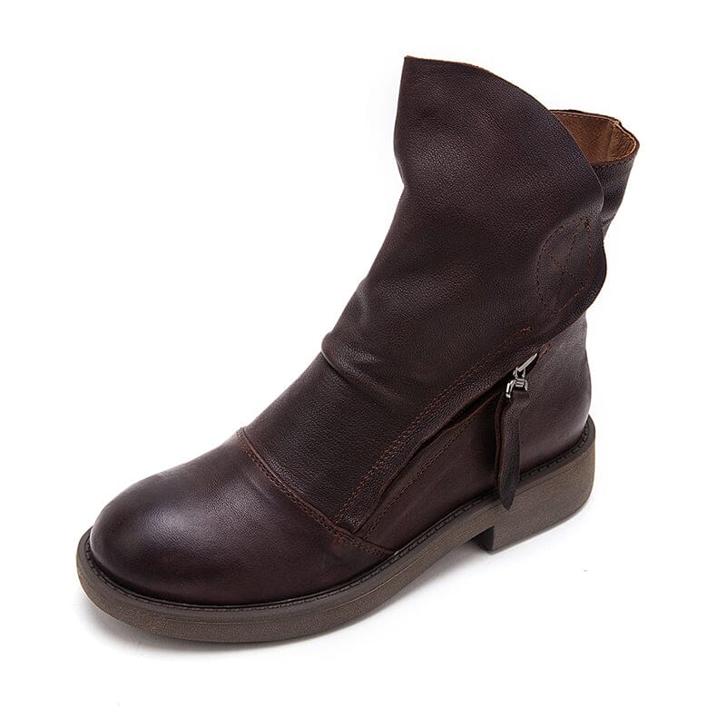 Leren laarzen met rits, retro rijlaarzen voor dames, robuuste enkellaarzen met gerimpelde look, zwart/koffiekleurig.