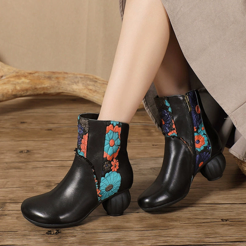 Vintage Cow Leather Ankle Boots for Women Floral Side Zip 50mm Heel Boots in Black/Coffee