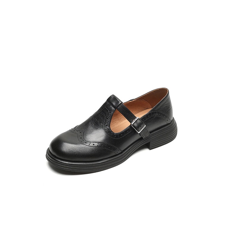 Preppy-Style Mary Jane Brogue-Schuhe mit T-Riemen aus Lammleder in Braun/Schwarz