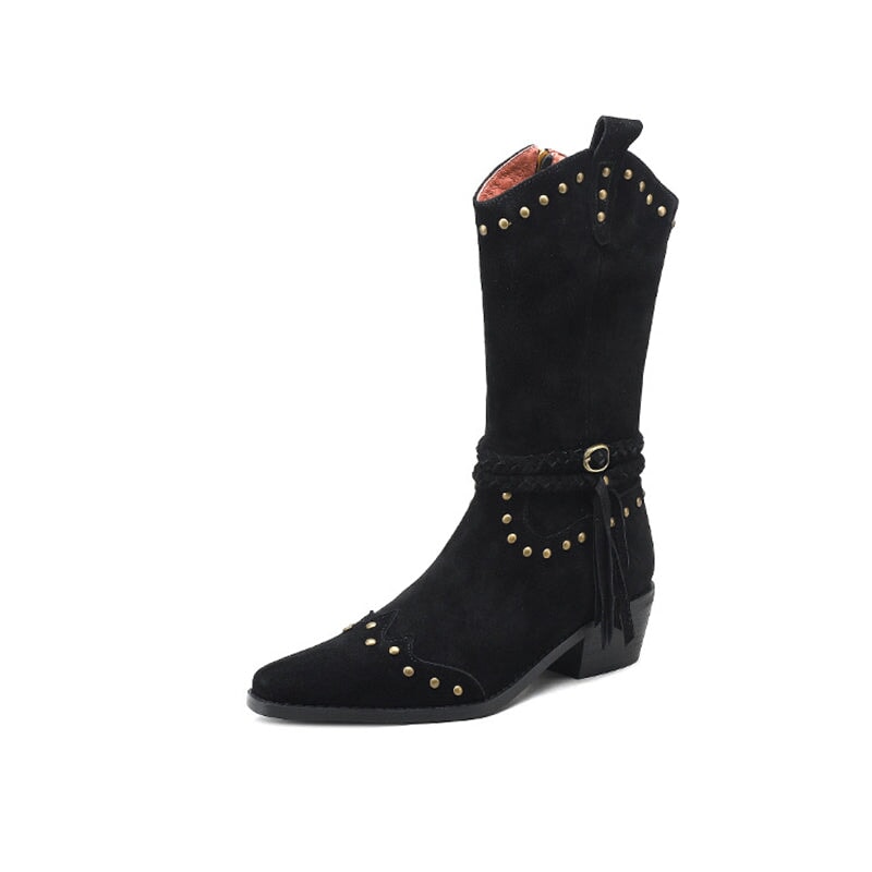 Vintage leren westernlaarzen voor dames met klinknagels en kwastjes in zwart/abrikoos/bruin.