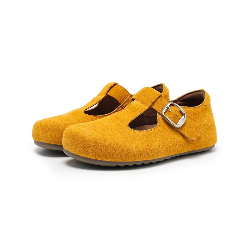 Handgefertigte Mary-Jane-Ballerinas aus Rindsveloursleder mit T-Riemen in Rosa/Gelb/Aprikose
