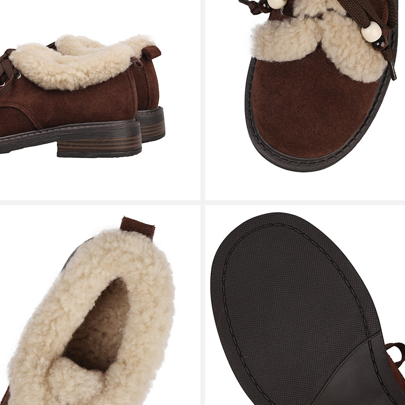 Preppy stijl Oxford schoenen met vetersluiting van su&egrave;de leer, geschikt voor de winter, casual shaggy schoenen in grijs/bruin/geel.