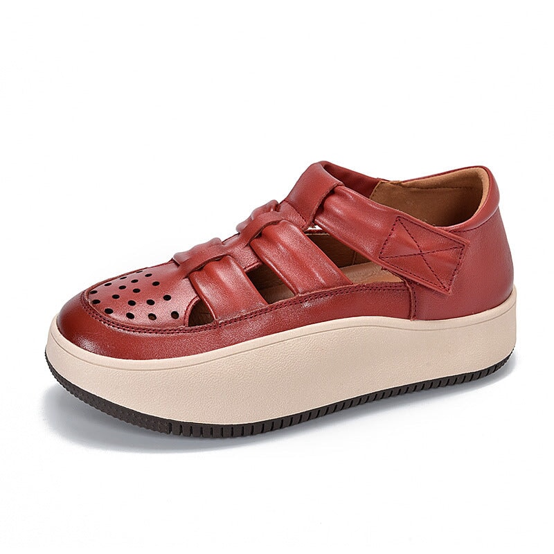 Leder-Plateau-Sneaker mit Klettverschluss und Perforation f&uuml;r Damen in Beige/Lila/Rot