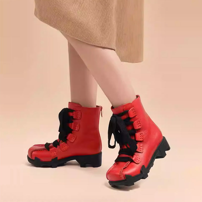 Handgemaakte leren winterlaarzen voor dames met ritssluiting aan de achterkant in zwart/geel/rood, op maat gemaakt in diverse kleuren.