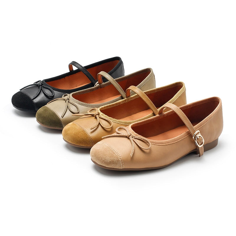 Zapatos planos Michaela Mary Jane de piel de oveja hechos a mano para mujer en color caqui, verde, albaricoque y negro.