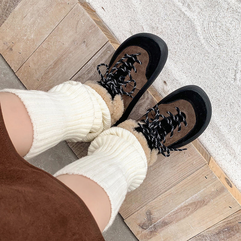 Tweekleurige su&egrave;de leren platform Oxford schoenen met vetersluiting, winterse casual sneeuwschoenen in koffie/khaki