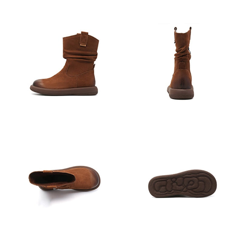 Bottes western mi-mollet en cuir marron/noir pour femme - Bout rond - Talon de 30 mm