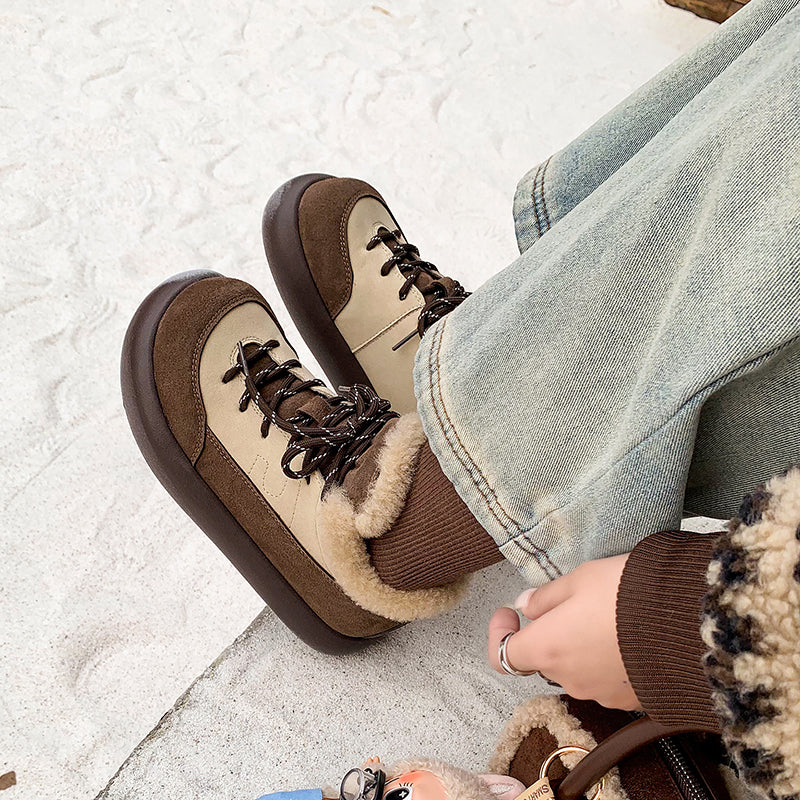 Tweekleurige su&egrave;de leren platform Oxford schoenen met vetersluiting, winterse casual sneeuwschoenen in koffie/khaki