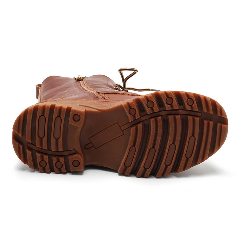 Leren gevechtslaarzen, designer retro chunky rijlaarzen in koffie/zwart, verkrijgbaar met schapenvachtvoering.
