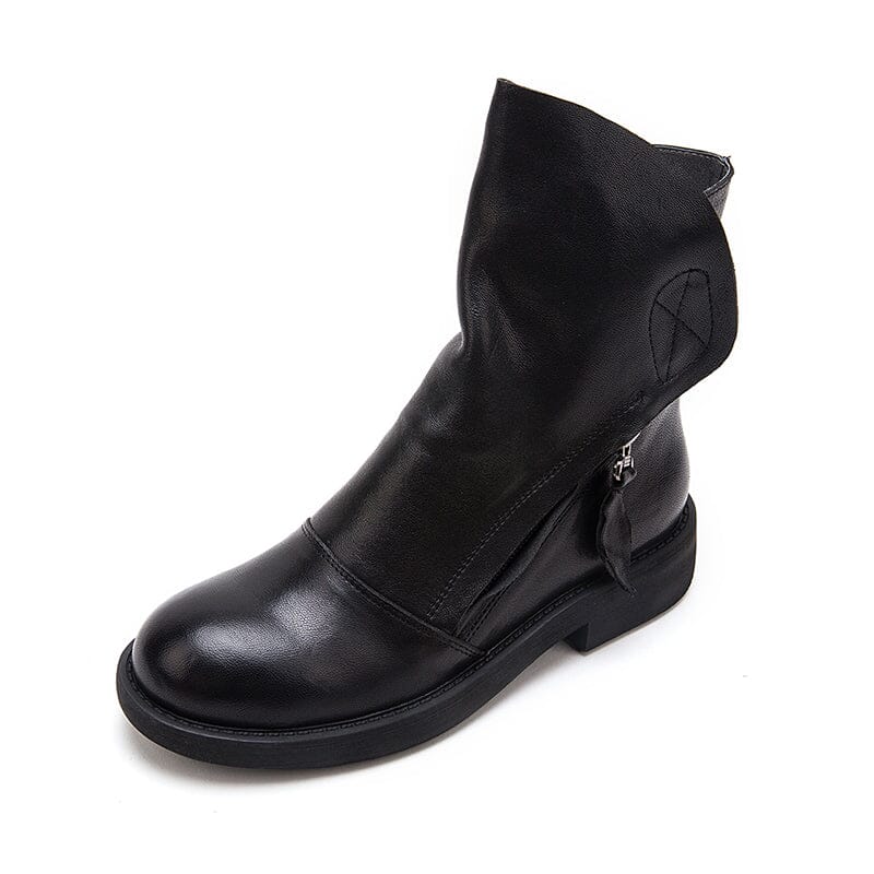 Leren laarzen met rits, retro rijlaarzen voor dames, robuuste enkellaarzen met gerimpelde look, zwart/koffiekleurig.