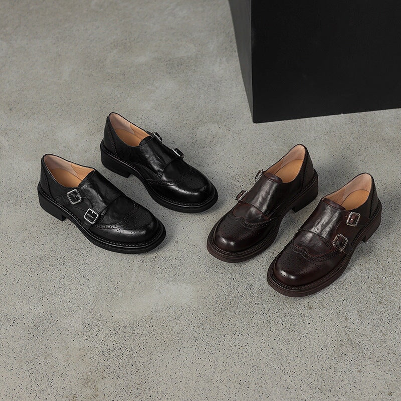 Handgefertigte Brogue-Loafer aus Leder mit doppeltem Riemen f&uuml;r Damen in Braun/Schwarz