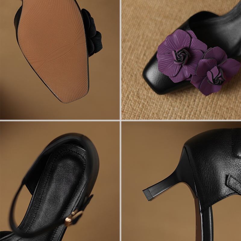 Elegante pumps met bloemenprint, 60 mm blokhak en vierkante neus, gemaakt van leer in een dubbele leren uitvoering.
