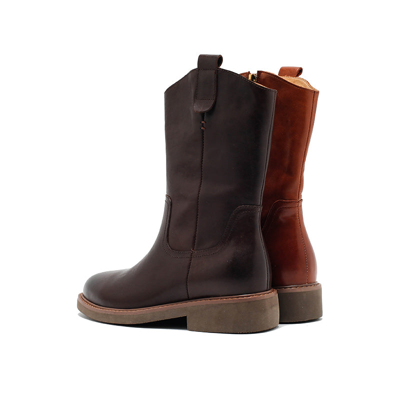 Retro westernlaarzen voor dames, tot halverwege de kuit, van gewaxt leer, casual laarzen in zwart/bruin/donkerbruin.