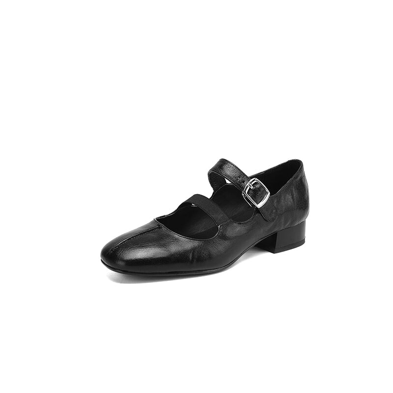 Elegante Mary-Jane-Schuhe mit niedrigem Blockabsatz und doppeltem Riemen aus echtem Leder in Schwarz/Beige