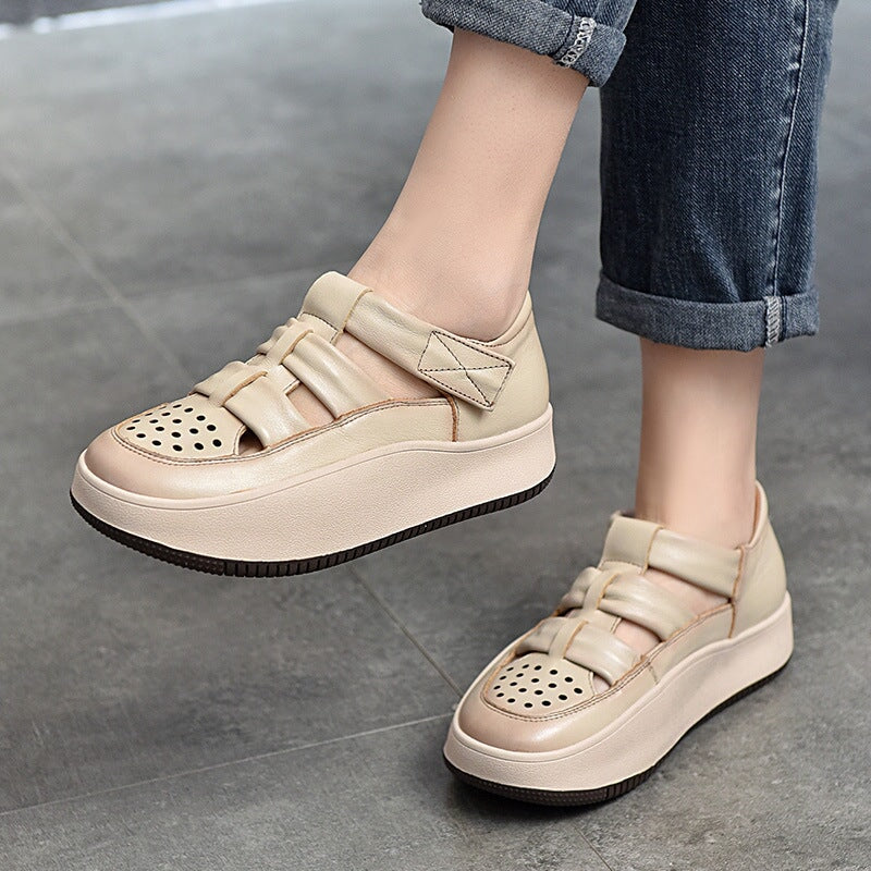 Leder-Plateau-Sneaker mit Klettverschluss und Perforation f&uuml;r Damen in Beige/Lila/Rot