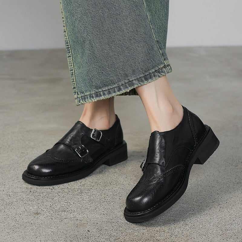 Handgefertigte Brogue-Loafer aus Leder mit doppeltem Riemen f&uuml;r Damen in Braun/Schwarz