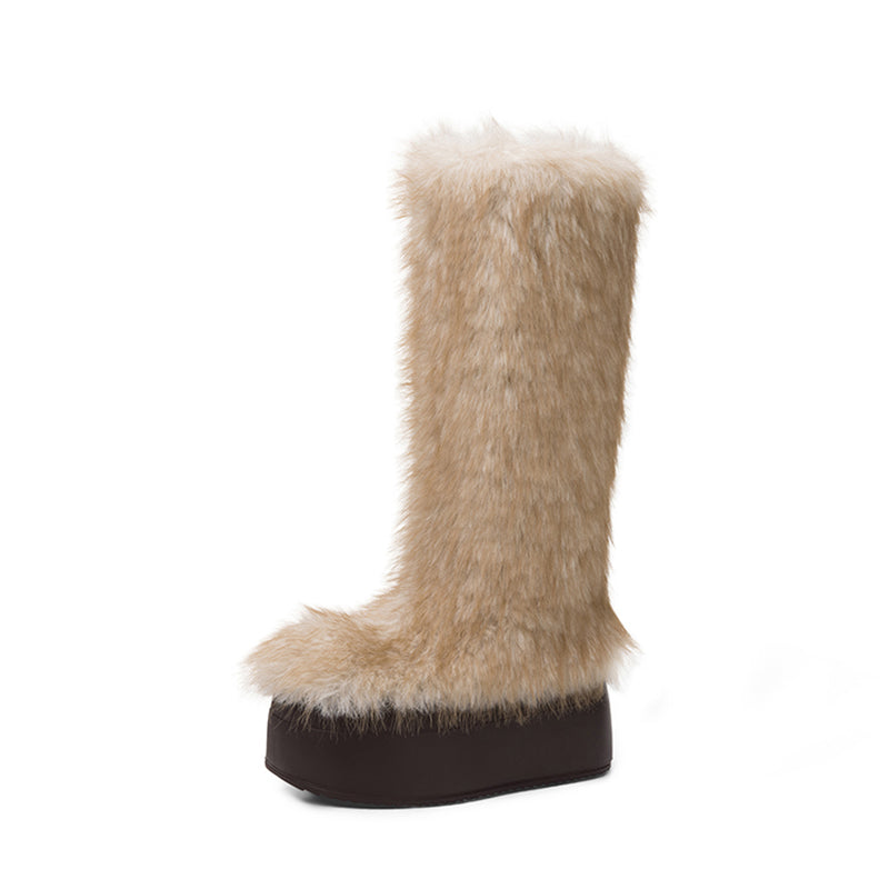 Harige kniehoge platform snowboots van imitatiebont (80 mm) in de kleuren koffie/grijs/zwart.
