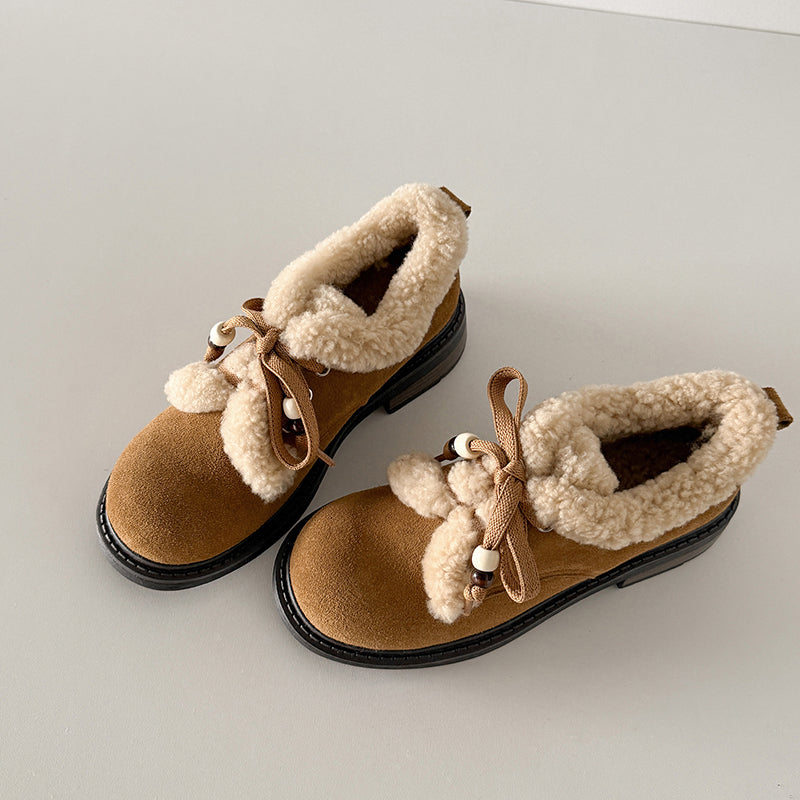 Preppy stijl Oxford schoenen met vetersluiting van su&egrave;de leer, geschikt voor de winter, casual shaggy schoenen in grijs/bruin/geel.