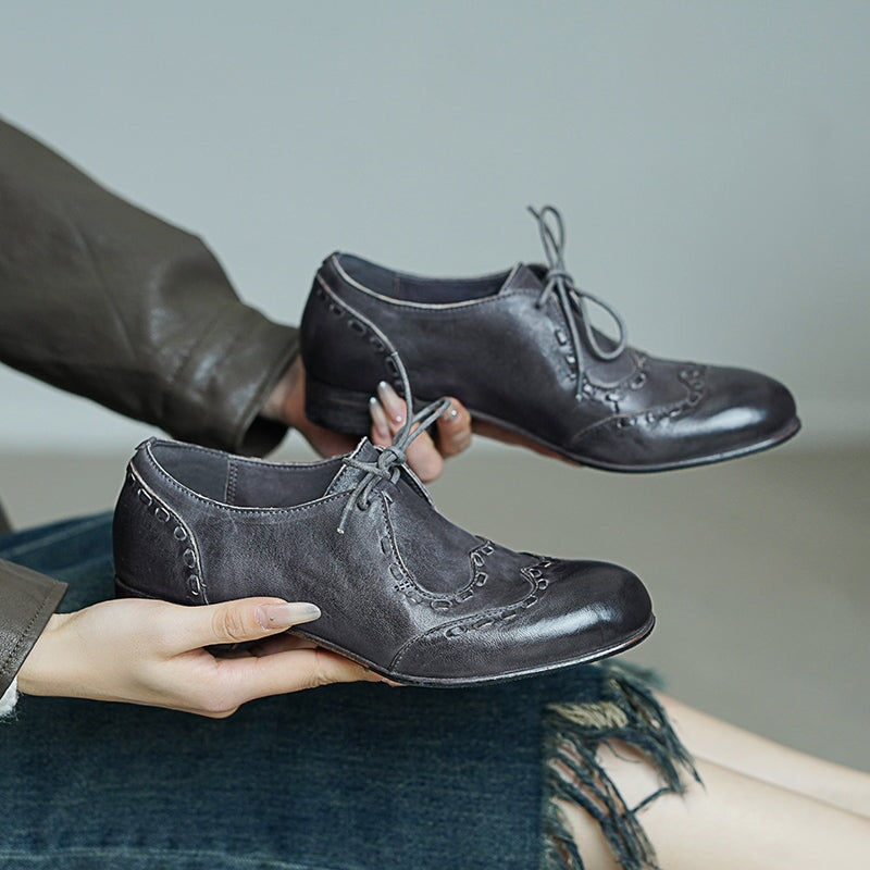 Britse stijl veterschoenen in brogue-stijl | Ronde neus, gewassen paardenleer, zwart/bruin/grijs
