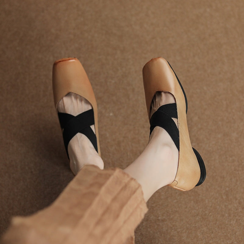 Elegante vintage ballerina's met vierkante neus en X-bandje, gemaakt van rundleer in de kleuren zwart, bruin en abrikoos.