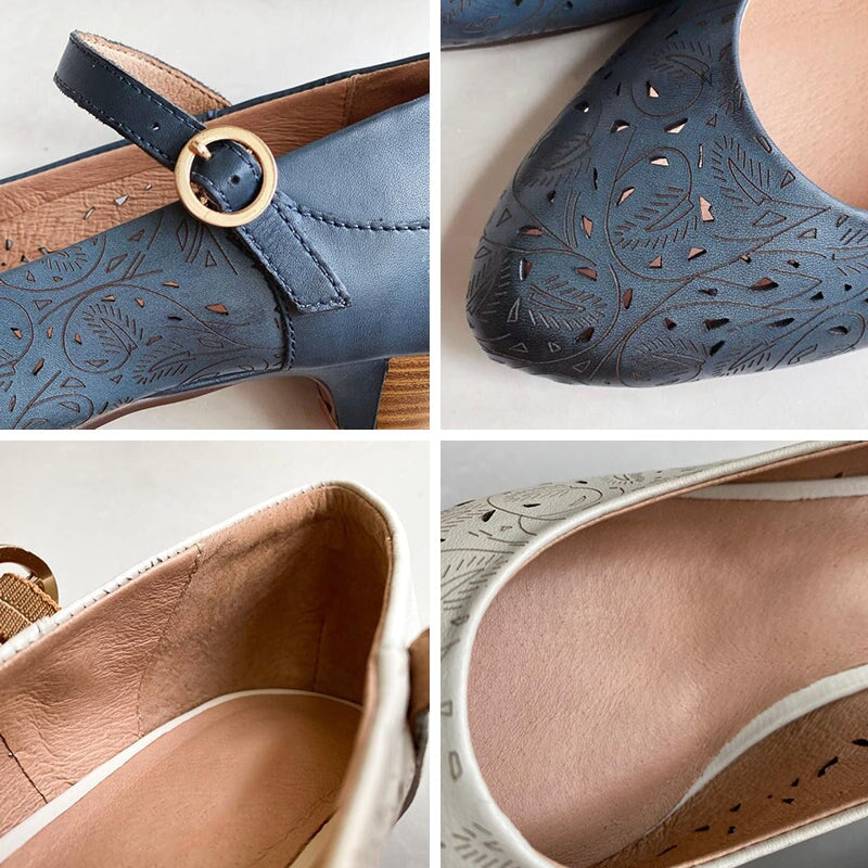 Zapatos Mary Jane de piel suave recortados a mano para mujer, tac&oacute;n c&oacute;nico en azul y blanco