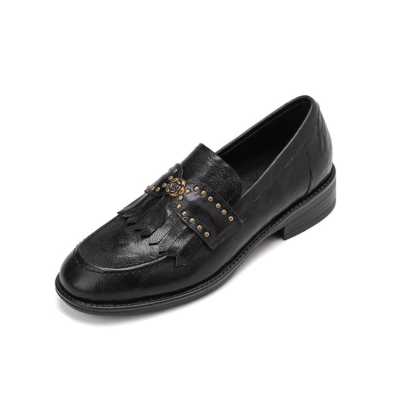 Mocasines retro de piel con tac&oacute;n Kiltie para mujer, punta redonda, en negro y beige