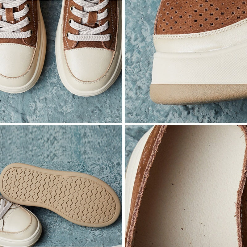 Ademende leren platform sneakers voor dames, 35 mm hoog, in groen/beige/bruin.