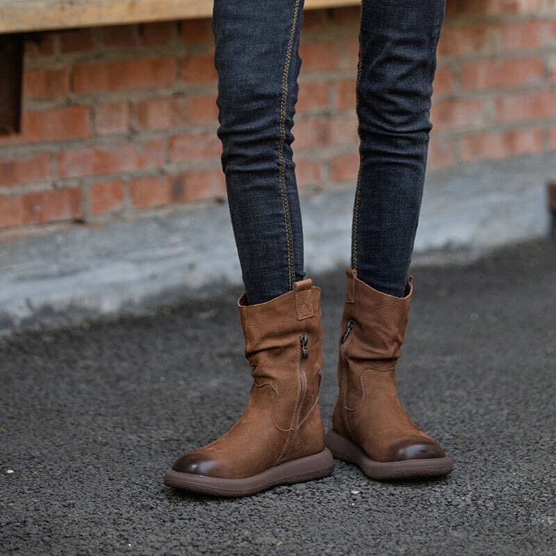 Bottes western mi-mollet en cuir marron/noir pour femme - Bout rond - Talon de 30 mm