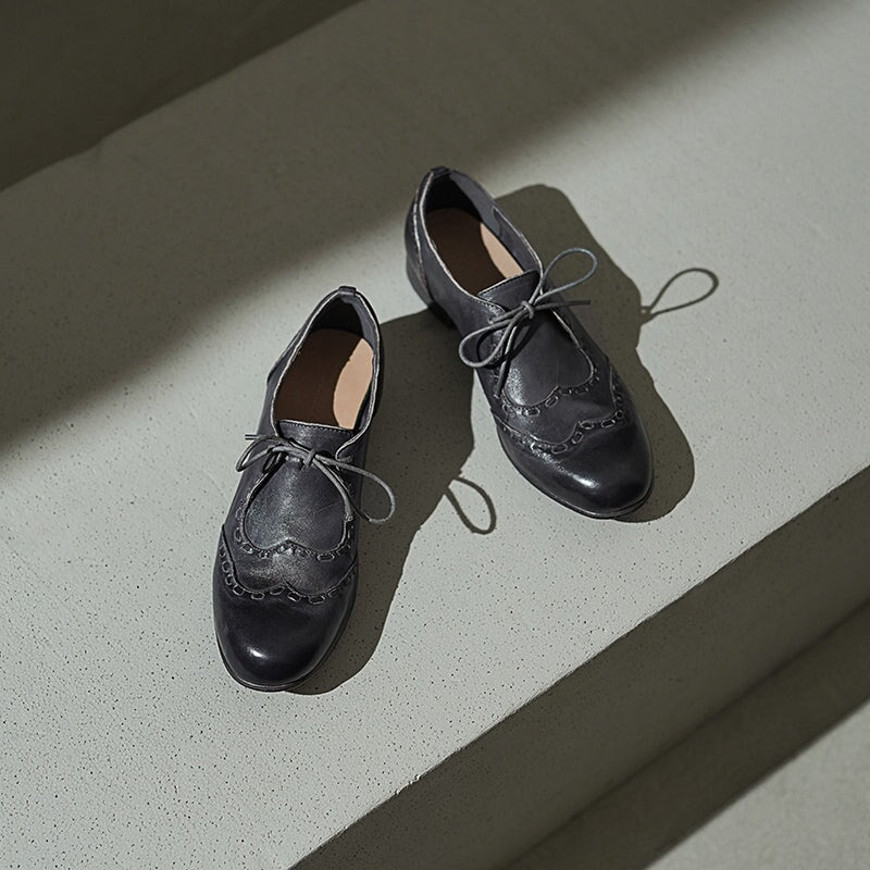 Britse stijl veterschoenen in brogue-stijl | Ronde neus, gewassen paardenleer, zwart/bruin/grijs