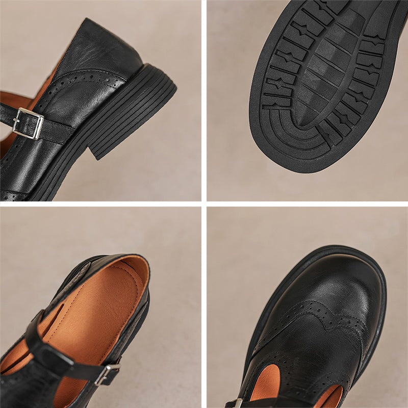 Preppy-Style Mary Jane Brogue-Schuhe mit T-Riemen aus Lammleder in Braun/Schwarz