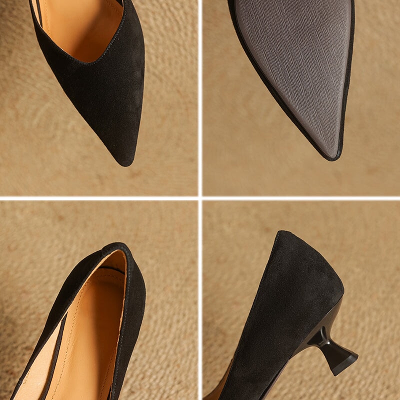 Handgemaakte leren pumps met spitse neus en kittenhak voor dames in beige/zwart/abrikoos.