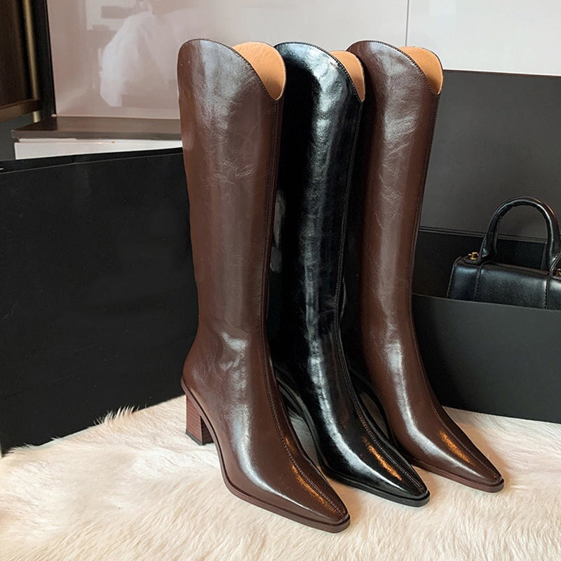 Bottes de cowboy pour femmes, faites main en cuir v&eacute;ritable marron/noir - Bottes western &agrave; bout droit