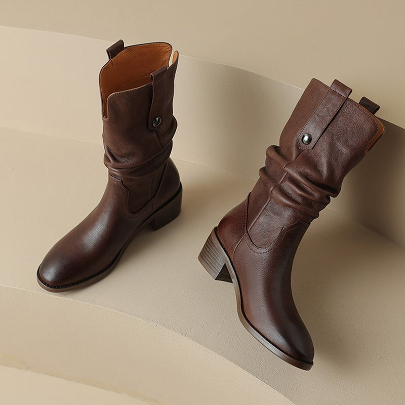 Bottes western mi-mollet en cuir marron/noir pour femme - Bout droit - Talon bloc de 50 mm
