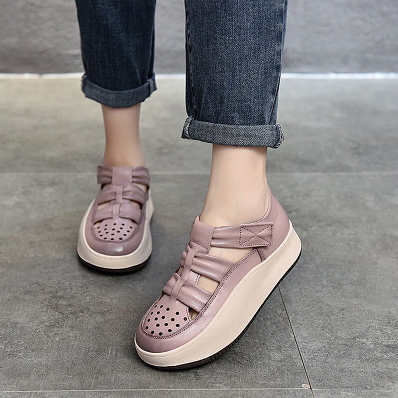 Leder-Plateau-Sneaker mit Klettverschluss und Perforation f&uuml;r Damen in Beige/Lila/Rot