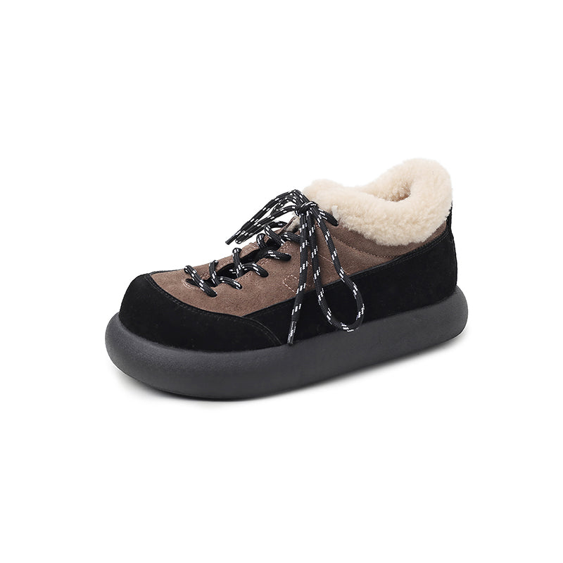 Tweekleurige su&egrave;de leren platform Oxford schoenen met vetersluiting, winterse casual sneeuwschoenen in koffie/khaki