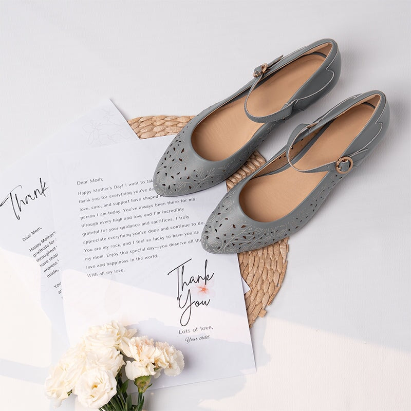 Zapatos Mary Jane de piel suave recortados a mano para mujer, tac&oacute;n c&oacute;nico en azul y blanco
