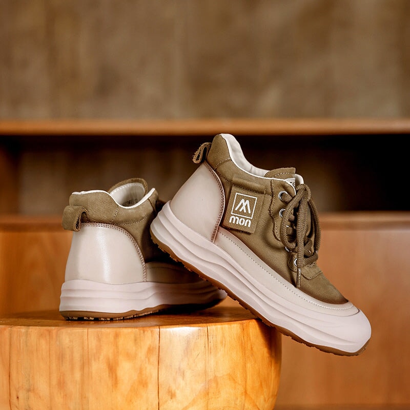 Trendige Damen-Sneaker aus Leder mit hohem Schaft, Plateau, Schn&uuml;rung, Freizeitschuhe in Beige/Khaki/Gr&uuml;n/Rot