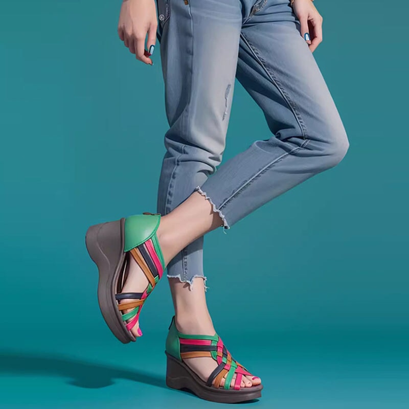 Handgemaakte sandalen met hoge hakken van geweven leer in diverse kleuren, met open neus en retro sleehak in zwart/wit/multicolor.