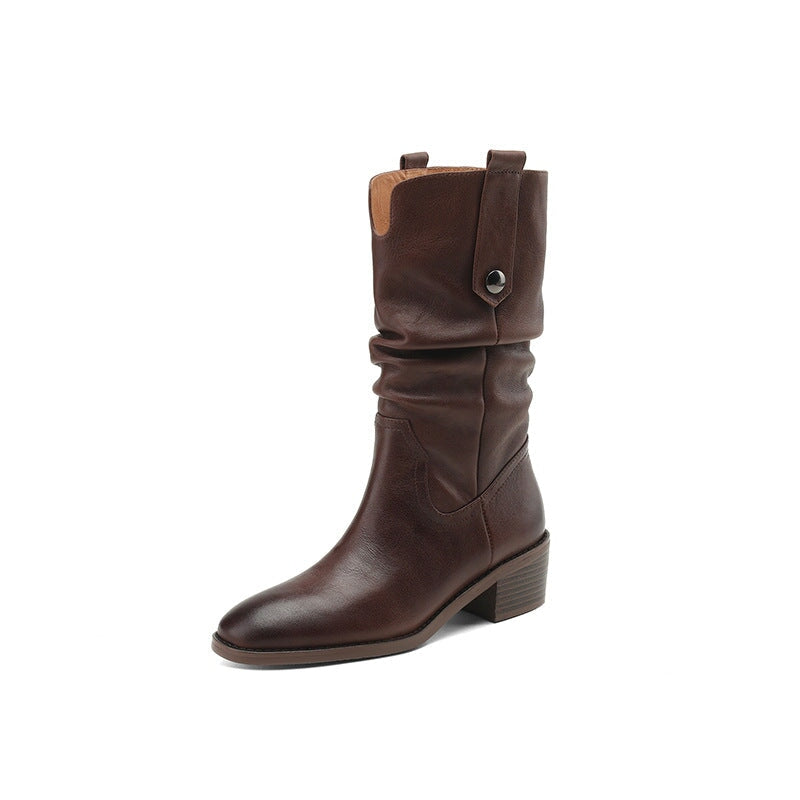 Bottes western mi-mollet en cuir marron/noir pour femme - Bout droit - Talon bloc de 50 mm