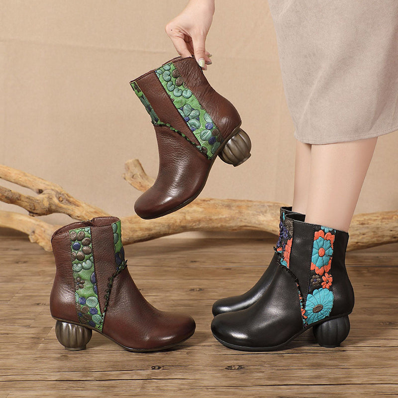 Vintage Cow Leather Ankle Boots for Women Floral Side Zip 50mm Heel Boots in Black/Coffee