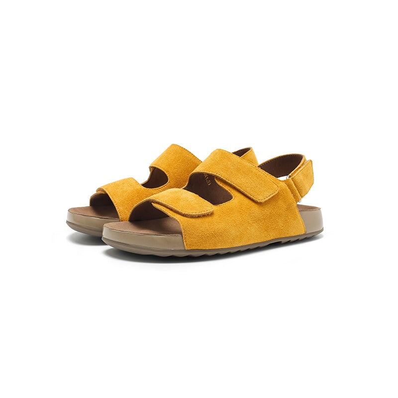 Damessandalen met dubbele klittenbandsluiting, slingback, voetbed van su&egrave;de en open tenen, verkrijgbaar in 5 kleuren.