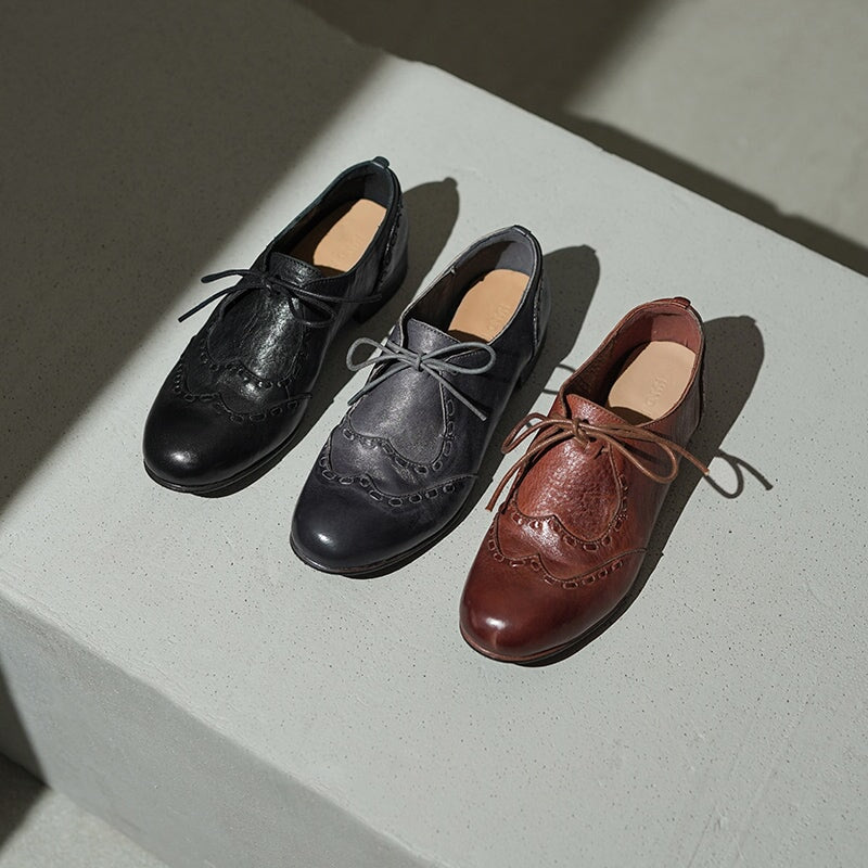 Britse stijl veterschoenen in brogue-stijl | Ronde neus, gewassen paardenleer, zwart/bruin/grijs